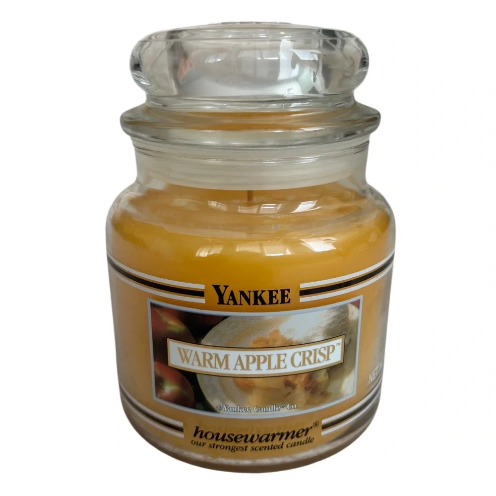 Yankee Candle Jar Warm Apple Crisp Vintage Black Band Gold Tan Yellow 14.5 Oz